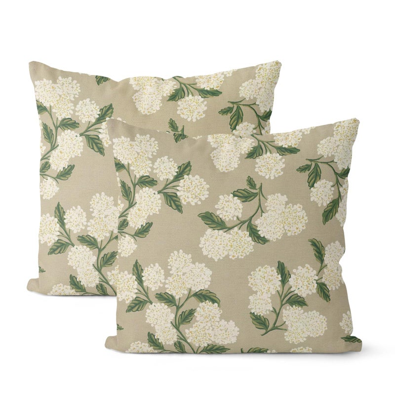 DAFENA Beige Spring Pillow Covers 18x18 Inch 2 Pcs Khaki Green Hydrangea Flower Decor Throw Pillows Vintage Floral Seasonal Summer Outdoor Decoration Pillowcase Linen Cushion Cover for Couch Sofa - Image 1